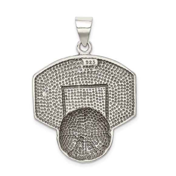 925 Sterling Silver Antiqued & Textured Basketball w Backboard Necklace Pendant - Picture 5 of 5